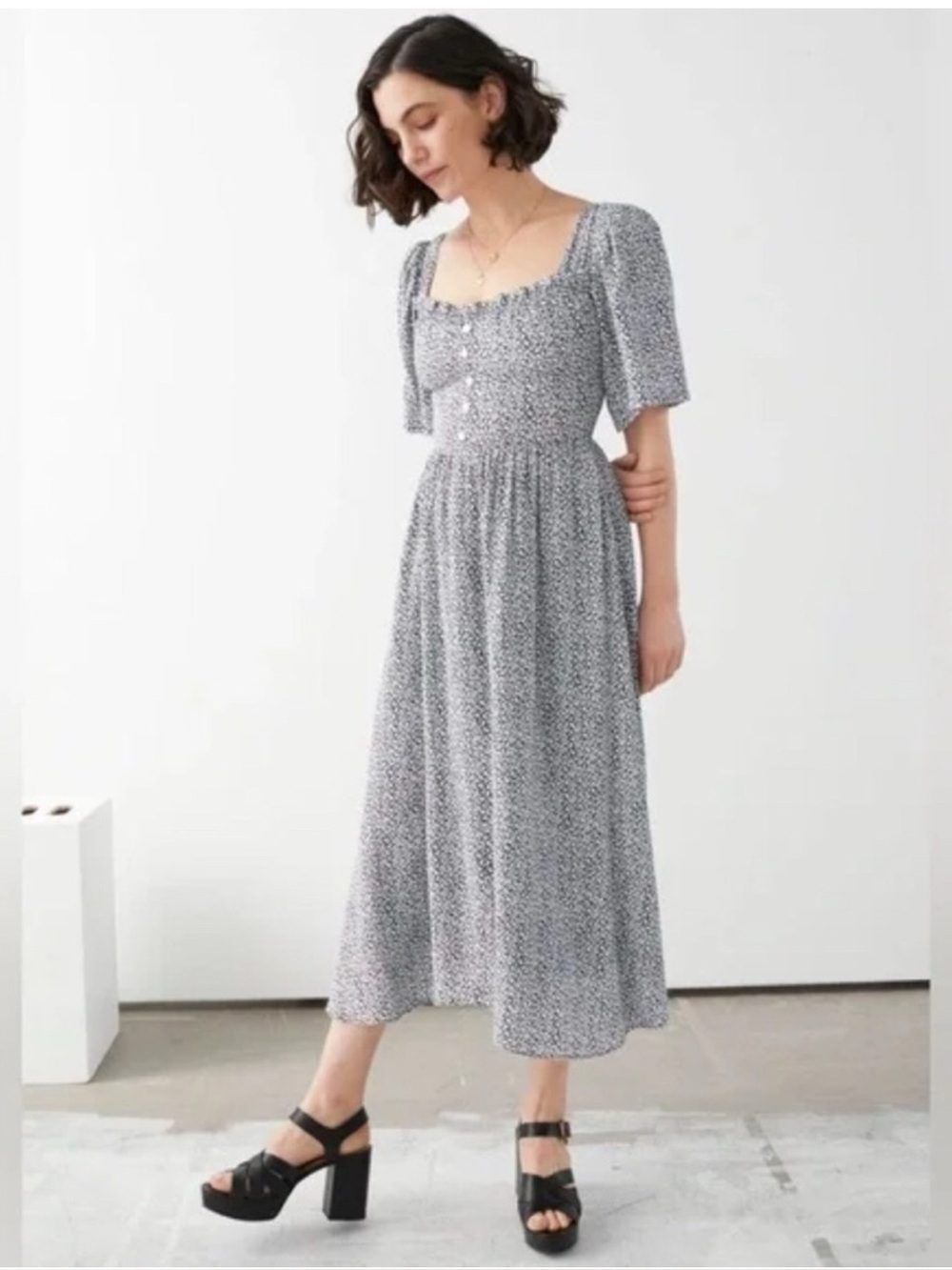 & Other Stories Sky Blue Floral Maxi Dress with Puff Sleeves